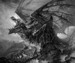 Rule 34 | castle, claws, dragon, dragon wings, epic, fantasy, fire, greyscale, highres, monochrome, nguy thuy ngan, no humans, open mouth, scales, sharp teeth, solo, teeth, wings