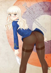 Rule 34 | 1girl, animal ears, artist name, ass, bent over, black pantyhose, blonde hair, blush, cameltoe, cat ears, cat tail, character name, from behind, frown, glasses, highres, holding, holding clothes, holding panties, holding underwear, leaning, leaning forward, long hair, looking at viewer, military, military uniform, no panties, panties, unworn panties, pantyhose, perrine h. clostermann, pout, semi-rimless eyewear, solo, standing, strike witches, tail, target, thighband pantyhose, underwear, uniform, urielmatt, world witches series, yellow eyes