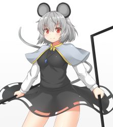 Rule 34 | &gt;:), 1girl, animal ears, arms at sides, black dress, blush, breasts, capelet, closed mouth, cowboy shot, dowsing rod, dress, dual wielding, female focus, grey hair, highres, holding, jewelry, legs apart, long sleeves, looking at viewer, medium breasts, mouse ears, mouse tail, nazrin, one-hour drawing challenge, pendant, red eyes, short hair, simple background, smile, solo, standing, tail, thighs, touhou, v-shaped eyebrows, white background, yuu (yu0221f)