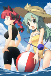 Rule 34 | 2girls, alternate costume, alternate hair length, alternate hairstyle, animal ears, ass, ball, bare shoulders, beachball, bike shorts, bikini, bow, braid, casual one-piece swimsuit, cat ears, cat girl, cloud, day, extra ears, female focus, frilled bikini, frills, fujy, green eyes, green hair, hair bow, hands on own hips, hat, kaenbyou rin, komeiji koishi, long hair, midriff, multiple girls, no tail, one-piece swimsuit, open mouth, outdoors, pointy ears, red eyes, red hair, skin tight, sky, smile, straw hat, swimsuit, third eye, touhou, twin braids, twintails, water