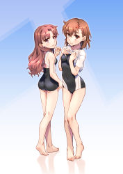 Rule 34 | 2girls, ass, barefoot, black one-piece swimsuit, blue background, blush, breasts, brown eyes, brown hair, clothes lift, competition swimsuit, covered navel, finger to mouth, full body, gradient background, hair down, highres, kneepits, long hair, looking at viewer, looking back, matching hair/eyes, misaka mikoto, multiple girls, one-piece swimsuit, raika9, school swimsuit, shirai kuroko, shirt lift, simple background, small breasts, standing, swimsuit, swimsuit under clothes, toaru kagaku no railgun, toaru majutsu no index, tokiwadai school swimsuit, white background