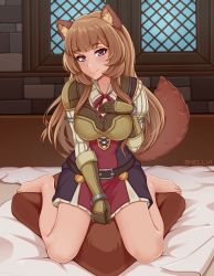 Rule 34 | 1girl, absurdres, animal ear fluff, animal ears, artist name, bad id, bad pixiv id, barefoot, blush, breasts, brown hair, commentary, highres, kneeling, long hair, long sleeves, looking at viewer, raccoon ears, raccoon girl, raccoon tail, raphtalia, red eyes, shellvi, smile, solo, tail, tate no yuusha no nariagari