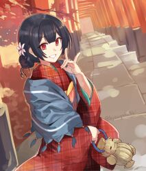 Rule 34 | 1girl, autumn leaves, black hair, blush, byougaku, doll, flower, fox shadow puppet, grey scarf, grin, hair between eyes, hair bun, hair flower, hair ornament, hand up, holding, holding doll, idolmaster, idolmaster shiny colors, japanese clothes, kimono, leaf, long sleeves, looking at viewer, maple leaf, morino rinze, multiple torii, obi, obiage, obijime, pavement, pink flower, plaid kimono, red eyes, red kimono, sash, scarf, short hair, smile, solo, straw doll, torii, twitter username, wide sleeves