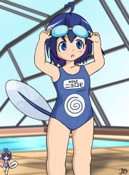 Rule 34 | 1girl, :o, absurdres, adjusting goggles, ahoge, arms up, artist request, blue eyes, blue hair, blue one-piece swimsuit, creatures (company), feet out of frame, game freak, gen 1 pokemon, goggles, goggles on head, highres, indoor pool, indoors, japanese text, moemon, nintendo, one-piece swimsuit, open mouth, pokemon, poliwag, poolside, signature, spiral, sprite, standing, swimming goggles, swimsuit, tail, tail raised
