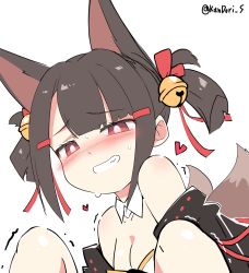 Rule 34 | 1girl, akagi-chan (azur lane), animal ears, azur lane, bare shoulders, bell, black hair, blush, breasts, clenched teeth, detached collar, fox ears, fox tail, hair bell, hair ornament, hair ribbon, heart, highres, jingle bell, kandori, multiple tails, nose blush, red eyes, ribbon, sexually suggestive, short hair, short twintails, simple background, small breasts, solo, sweat, tail, teeth, trembling, twintails, twitter username, white background