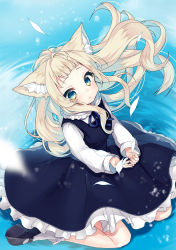 Rule 34 | 1girl, :o, absurdres, animal ear fluff, animal ears, black dress, black footwear, blonde hair, blue eyes, bobby socks, cat ears, collared shirt, commentary request, dress, floating hair, frilled shirt collar, frills, highres, long hair, long sleeves, mary janes, nachiru, original, parted lips, pinafore dress, puffy long sleeves, puffy sleeves, shallow water, shirt, shoes, sitting, sleeveless, sleeveless dress, sleeves past wrists, socks, solo, tears, very long hair, wariza, water, white shirt, white socks