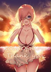 Rule 34 | backlighting, bare shoulders, bikini, breasts, cleavage, cloud, collarbone, cowboy shot, fate/grand order, fate (series), glasses, hair ornament, hair over one eye, halterneck, hand to own mouth, highres, mash kyrielight, mash kyrielight (swimsuit of perpetual summer), ocean, official alternate costume, one-piece swimsuit, outdoors, pantsu (lootttyyyy), pink hair, purple eyes, skirt, solo, sunset, swimsuit, thank you, water, white one-piece swimsuit