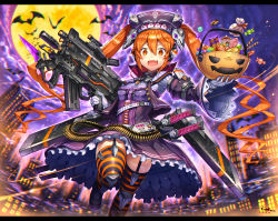 Rule 34 | 1girl, ammunition, bat (animal), blurry, blurry background, candy, city, dress, facing viewer, fang, food, frilled dress, frills, full moon, garter straps, gia, gloves, gun, halloween, halloween bucket, hat, headphones, holding, holding gun, holding weapon, long hair, looking at viewer, moon, open mouth, orange eyes, orange hair, original, purple sky, running, sky, solo, suppressor, thighhighs, trigger discipline, twintails, very long hair, weapon, white gloves, wide sleeves