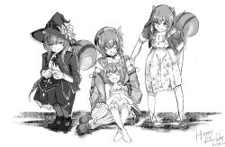 Rule 34 | 4girls, ^ ^, absurdres, aged down, animal ears, ayunda risu, barefoot, beret, closed eyes, dress, greyscale, hat, highres, hololive, hololive indonesia, jacket, monochrome, multiple girls, off shoulder, pantyhose, raikkonen, sitting, smile, squirrel ears, squirrel tail, tail, tube socks, virtual youtuber, white background, witch hat