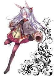 Rule 34 | 1girl, animal ears, bad id, bad pixiv id, boots, capelet, cross-laced footwear, hosato mikine, lace-up boots, long hair, looking at viewer, original, outstretched arms, pantyhose, rabbit ears, red eyes, silver hair, simple background, skirt, smile, solo, standing, standing on one leg, two side up