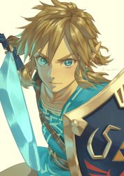 Rule 34 | 1boy, absurdres, akiwashi, blue eyes, blue tunic, brown hair, brown pants, closed mouth, commentary request, earrings, highres, holding, holding sword, holding weapon, hylian shield, jewelry, link, long hair, male focus, master sword, nintendo, pants, pointy ears, shield, shirt, solo, strap, sword, the legend of zelda, the legend of zelda: breath of the wild, weapon