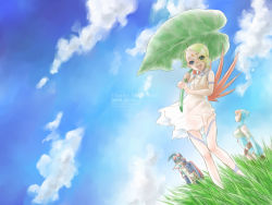 Rule 34 | 1boy, 2girls, :d, breasts, breath of fire, breath of fire v, cloud, commentary request, day, dress, facial mark, full-body tattoo, grass, green hair, hair over one eye, lin (breath of fire), multiple girls, nina (breath of fire v), open mouth, outstretched arms, red wings, ryuu (breath of fire v), see-through, short hair, sky, smile, syari18192, tattoo, white dress, wings