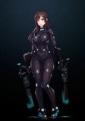 Rule 34 | 1girl, black background, bodysuit, breasts, brown eyes, brown hair, curvy, female focus, full body, gantz, gantz suit, gun, highres, large breasts, long hair, looking at viewer, matching hair/eyes, shimohira reika, shiny clothes, simple background, solo, standing, thigh gap, tight clothes, weapon, yuuji (and)