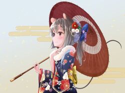 Rule 34 | 1girl, animal ears, blue bow, blue kimono, blush, bow, braid, braided bangs, closed mouth, commentary, egasumi, floral print, fur collar, grey hair, hair bow, hair ornament, hand on own chest, highres, holding, holding umbrella, japanese clothes, kimono, long sleeves, looking to the side, medium hair, mouse ears, mouse girl, mouse tail, nagiyu (shirokuma village), nazrin, new year, obi, oil-paper umbrella, original, print kimono, red eyes, sash, short ponytail, smile, solo, standing, tail, touhou, umbrella, wide sleeves