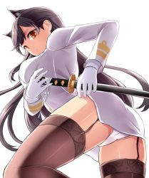 Rule 34 | 1girl, animal ears, atago (azur lane), azur lane, breasts, brown eyes, brown hair, commentary request, fox ears, from below, gloves, highres, holding, holding sword, holding weapon, jacket, long hair, looking at viewer, military, military uniform, miniskirt, neit ni sei, panties, sheath, sheathed, shiny skin, skirt, solo, sword, thighhighs, underwear, uniform, upskirt, weapon, white background, white panties, white skirt