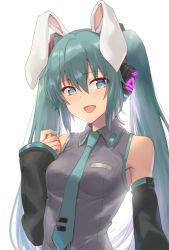 Rule 34 | 1girl, animal ears, aqua eyes, aqua hair, aqua nails, aqua necktie, blush, detached sleeves, hand up, hatsune miku, headset, highres, long hair, looking at viewer, nail polish, necktie, non (nonzile), open mouth, rabbit ears, signature, simple background, smile, solo, twintails, vocaloid, white background