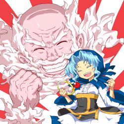 Rule 34 | 1boy, 1girl, blue hair, clenched hand, clenched hands, dress, eyelashes, closed eyes, gomi ichigo, grin, highres, hood, hoop, jewelry, kesa, kumoi ichirin, long sleeves, open mouth, pendant, short hair, smile, striped, striped background, touhou, unzan