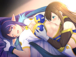Rule 34 | 2girls, bandeau, bare shoulders, bed sheet, blue hair, blue skirt, blush, grabbing another&#039;s breast, breasts, brown dress, brown hair, brown sleeves, cleavage, commentary, crossover, detached sleeves, dress, ear blush, gloves, grabbing, green eyes, hair between eyes, highres, in-franchise crossover, judith (tales), large breasts, licking, licking navel, long hair, looking at another, lying, midriff, monta, multiple girls, navel, on back, on bed, one eye closed, open mouth, pointy ears, ponytail, purple eyes, saliva, sheet grab, short sleeves, shrug (clothing), sidelocks, skirt, sleeveless, sleeveless dress, sweat, tales of (series), tales of the abyss, tales of vesperia, tear grants, upper body, very long hair, waist cape, white gloves, white sleeves, yuri