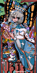 1boy :d absurdres artist_name blue_cape blue_coat bug butterfly butterfly_wings cape character_name cloud coat diamond_halo fate/grand_order fate_(series) flower full_body fur-trimmed_cape fur_trim grey_eyes grey_hair halo highres ima_mo_nao_kangaechuu insect insect_wings juliet_sleeves limited_palette long_sleeves looking_at_viewer male_focus oberon_(fate) open_clothes open_coat open_mouth puffy_sleeves robe short_hair signature smile solo tree watermark white_robe wings yellow_halo