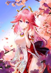 Rule 34 | 1526702701, 1girl, animal ears, arm at side, arm up, bare shoulders, black nails, blue sky, blush, branch, breasts, chinese commentary, clear sky, commentary request, cowboy shot, day, detached sleeves, earrings, eyelashes, falling petals, feet out of frame, flower, fox ears, genshin impact, hair between eyes, hand on own face, headgear, highres, japanese clothes, jewelry, large breasts, lips, long hair, long sleeves, looking at viewer, miko, nail polish, necklace, obi, outdoors, parted lips, petals, pink flower, pink hair, pink nails, priestess, print sleeves, purple eyes, ribbon-trimmed sleeves, ribbon trim, sash, shiny skin, sky, smile, solo, standing, tassel, thighs, turtleneck, yae miko