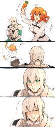 Rule 34 | 1boy, 1girl, 4koma, armor, bedivere (fate), breasts, carrot, chaldea uniform, closed eyes, comic, commentary, dancing, eighth note, english commentary, fate/grand order, fate (series), fujimaru ritsuka (female), green eyes, grey hair, hair ornament, hair scrunchie, hair tubes, highres, holding, holding carrot, kulissara-aung, long hair, low twintails, medium breasts, miniskirt, musical note, one side up, open mouth, orange eyes, orange hair, pantyhose, scrunchie, silent comic, sitting, skirt, smile, twintails