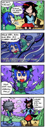 Rule 34 | 2girls, 4koma, animal ears, bare shoulders, black hair, blue eyes, blue hair, boots, comic, explosive, fang, finnish text, imaizumi kagerou, mermaid, mine (weapon), monster girl, multiple girls, red eyes, scales, setz, standing, touhou, translated, wakasagihime, wolf ears