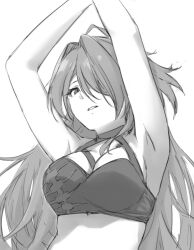 Rule 34 | 1girl, acheron (honkai: star rail), armpits, arms up, bare shoulders, breasts, cleavage, commentary, crop top, greyscale, hair intakes, hair over one eye, halterneck, honkai: star rail, honkai (series), long hair, looking at viewer, midriff, monochrome, parted lips, saruno (eyesonly712), solo, upper body, very long hair