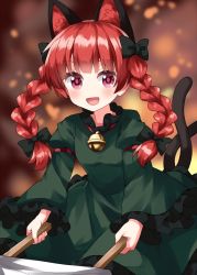 Rule 34 | 1girl, :d, animal ears, bell, black bow, blurry, blurry background, bow, braid, cat ears, cat tail, depth of field, dress, frills, green dress, hair bow, highres, holding, jingle bell, kaenbyou rin, long sleeves, multiple tails, neck bell, nekomata, one-hour drawing challenge, open mouth, red eyes, red hair, ruu (tksymkw), smile, solo, standing, tail, touhou, twin braids, two tails, wide sleeves