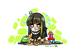 Rule 34 | 1girl, black hair, black leotard, blush, blush stickers, chibi, chinese commentary, clothes around waist, commentary request, cookie, crumbs, dated, flying sweatdrops, food, food bite, full body, girls&#039; frontline, green hair, holding, holding cookie, holding food, jacket, jacket around waist, leotard, long hair, looking down, m4a1 (girls&#039; frontline), mask, multicolored hair, o o, parted lips, seiza, simple background, sitting, skull mask, solo, streaked hair, su xiao jei, tears, toy block, toy car, white background