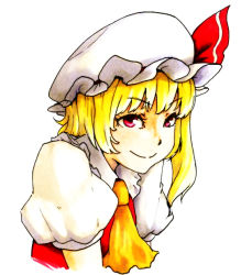 Rule 34 | 1girl, ascot, bad id, bad pixiv id, blonde hair, female focus, flandre scarlet, hat, hat ribbon, looking at viewer, mob cap, no wings, red eyes, red ribbon, ribbon, shiratama (hockey), shirodama, short sleeves, side ponytail, simple background, smile, solo, touhou, upper body, white background