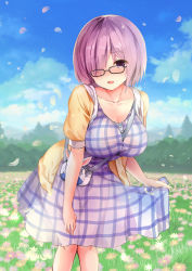 Rule 34 | 1girl, bag, between breasts, black-framed eyewear, blouse, blue dress, breasts, cloud, cloudy sky, collarbone, day, dress, fate/grand order, fate (series), field, flower, flower field, glasses, hair over one eye, hand on own thigh, knees together feet apart, large breasts, leaning forward, mafuyu (kanden shoujyo), mash kyrielight, mash kyrielight (senpai killer outfit), official alternate costume, open mouth, outdoors, petals, plaid, plaid dress, purple eyes, purple hair, see-through, shirt, short hair, short sleeves, shoulder bag, skirt hold, sky, solo, standing, yellow shirt