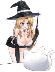 Rule 34 | 1girl, absurdres, animal, arched back, bare shoulders, black gloves, black hat, black skirt, blonde hair, blue eyes, blush, breasts, cat, cleavage, collar, collarbone, cross, detached collar, elbow gloves, flying sweatdrops, gloves, hand up, hat, highres, holding, holding wand, iron cross, large breasts, leaning forward, long hair, miniskirt, original, parted bangs, parted lips, pleated skirt, ringlets, sidelocks, skirt, solo, tandohark, thighhighs, very long hair, wand, white background, white collar, white thighhighs, wing collar, witch hat