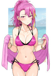 Rule 34 | 1girl, asymmetrical bangs, bare arms, bare shoulders, beach, bikini, blonde hair, blush, border, bracelet, breasts, cleavage, collarbone, commentary request, cowboy shot, day, earrings, groin, hair between eyes, halterneck, hands up, high ponytail, highres, holding, holding towel, horizon, idolmaster, idolmaster million live!, jewelry, long hair, looking at viewer, maihama ayumu, medium breasts, multi-strapped bikini, multicolored hair, navel, ocean, outdoors, outside border, parted lips, pink bikini, pink eyes, pink hair, pink towel, ponytail, side-tie bikini bottom, solo, standing, star (symbol), star earrings, stomach, streaked hair, string bikini, sweatdrop, swimsuit, thigh gap, towel, tsurui, water, white border