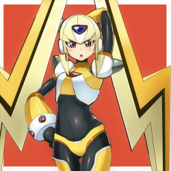 Rule 34 | 1girl, android, arm behind head, arm over head, blonde hair, blush, bodysuit, border, breasts, brown eyes, byte (grunty-hag1), covered navel, cowboy shot, hand on own hip, helmet, medium breasts, open mouth, oro s, outside border, robot ears, mega man (series), rockman xover, shoulder spikes, simple background, skin tight, solo, spikes, white border