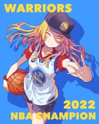 Rule 34 | 1girl, 2022, ball, bang dream!, baseball cap, basketball, basketball (object), basketball jersey, black hat, black shorts, blonde hair, blue background, collared shirt, colored inner hair, english text, from above, golden state warriors, hat, head tilt, highres, holding, holding ball, looking at viewer, looking up, multicolored hair, national basketball association, nike (company), one eye closed, pink hair, red shirt, shirt, shorts, smile, solo, stephen curry, tsurumaki kokoro, yazawa happyaro, yellow eyes