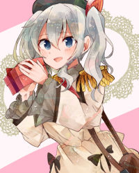 Rule 34 | 10s, 1girl, :d, beret, blue eyes, box, epaulettes, gift, gift box, hat, holding, holding gift, itomugi-kun, jacket, kantai collection, kashima (kancolle), long sleeves, neckerchief, open mouth, red neckerchief, sidelocks, silver hair, smile, solo, two side up, valentine, wavy hair, white jacket