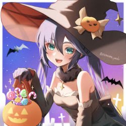Rule 34 | 1girl, :d, alternate costume, aqua eyes, bare shoulders, bat (animal), black gloves, black hair, black hat, blush, breasts, cleavage, detached sleeves, fur collar, genshin impact, gloves, hair between eyes, halloween, halloween bucket, halloween costume, hat, hat ornament, highres, holding, long hair, long sleeves, looking at viewer, mona (genshin impact), mona (halloween) (genshin impact), nanamo yado, open mouth, pumpkin hat ornament, revision, signature, small breasts, smile, solo, tombstone, twintails, twitter username, witch hat