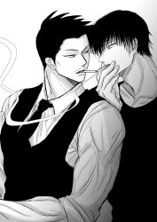 Rule 34 | 2boys, absurdres, alternate costume, artist request, black hair, cigarette kiss, couple, eye contact, facial hair, from side, fushiguro touji, greyscale, half-closed eyes, highres, jujutsu kaisen, looking at another, male focus, mature male, monochrome, multiple boys, muscular, muscular male, mustache stubble, necktie, pectorals, profile, scar, scar on face, scar on mouth, shiu kong, short hair, smoking, spiked hair, stubble, upper body, vest, yaoi