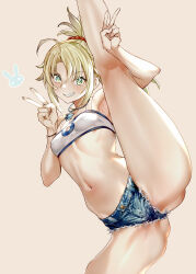 Rule 34 | 1girl, absurdres, ahoge, armpits, bandeau, bare shoulders, blonde hair, blue shorts, braid, breasts, covered erect nipples, denim, denim shorts, double v, fate/apocrypha, fate/grand order, fate (series), french braid, gluteal fold, green eyes, grin, highres, jewelry, leg lift, leg up, long hair, looking at viewer, mordred (fate), mordred (fate/apocrypha), mordred (memories at trifas) (fate), navel, necklace, parted bangs, ponytail, red scrunchie, scrunchie, short shorts, shorts, sidelocks, small breasts, smile, solo, spread legs, stomach, thighs, tokopi, v