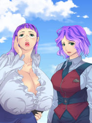 Rule 34 | 2girls, breasts, cleavage, collarbone, female focus, gigantic breasts, glasses, green eyes, large breasts, lips, multiple girls, open mouth, peach q, puffy nipples, purple hair