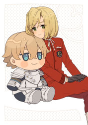 Rule 34 | 1boy, black gloves, blonde hair, blue eyes, blush, boots, brown hair, character doll, closed mouth, crossed legs, fate/extra, fate (series), feet out of frame, gawain (fate), gloves, green eyes, hair between eyes, heart, jacket, karokuchitose, leonard bistario harway, male focus, neck ribbon, pants, red jacket, red pants, ribbon, sitting, smile, solo, striped clothes, striped gloves, vertical-striped clothes, vertical-striped gloves, white footwear, white ribbon