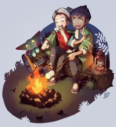 Rule 34 | 2boys, beanie, black pants, black shirt, blush, bo9 (bo9 nc), brown footwear, cable knit, campfire, commentary request, creatures (company), dreepy, eating, fire, food, fur-trimmed jacket, fur trim, game freak, gen 8 pokemon, grass, grey headwear, hat, highres, holding, holding stick, hop (pokemon), jacket, male focus, marshmallow, multiple boys, nintendo, open mouth, pants, pokemon, pokemon (creature), pokemon swsh, red shirt, roasting, shirt, shoes, short hair, sitting, sparkle, stick, tongue, torn clothes, torn pants, victor (pokemon), yellow eyes