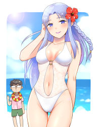 Rule 34 | 1girl, adjusting hair, black hair, blue eyes, blue hair, blush, braid, breasts, chibi, chibi inset, clothing cutout, commentary request, fate/stay night, fate (series), flower, flower necklace, glasses, hair flower, hair ornament, hawaiian shirt, itou katsumi, jewelry, kuzuki souichirou, lei, lipstick, long hair, makeup, medea (fate), medium breasts, navel, navel cutout, necklace, o-ring, o-ring swimsuit, ocean, one-piece swimsuit, pointy ears, purple lips, shirt, shorts, side braid, smile, solo, swimsuit, thigh gap, thumbs up, white one-piece swimsuit
