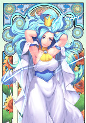 Rule 34 | 1girl, armlet, armpits, arms behind head, arms up, art nouveau, blue eyes, blue hair, breasts, choker, closed mouth, cowboy shot, crown, dress, flower, harihisa, highres, jewelry, large breasts, leo (constellation), long hair, looking at viewer, neck ring, precure, princess leo (precure), smile, solo, star princess, star twinkle precure, sunflower, white dress, yellow neckwear