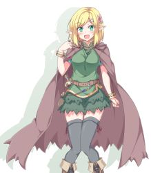 Rule 34 | 1girl, :d, bad id, bad pixiv id, belt, belt pouch, blonde hair, blue gemstone, blush, boots, bracelet, breasts, cape, cowboy shot, cross-laced footwear, curled fingers, drop shadow, elf, fang, flower, gem, green eyes, green skirt, grey thighhighs, hair flower, hair ornament, hairclip, hand up, high collar, highres, jewelry, knees together feet apart, knife, knife sheath, knife sheath, layered skirt, looking at viewer, medium breasts, open mouth, original, pointy ears, pouch, purple cape, ring, sheath, shefu, short hair, short sleeves, simple background, skirt, smile, solo, standing, thighhighs, tunic, white background, zettai ryouiki