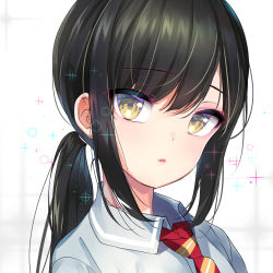 Rule 34 | 1girl, bad id, bad pixiv id, black hair, brown eyes, commentary request, emily (pure dream), long hair, necktie, original, ponytail, portrait, red necktie, school uniform, shirt, simple background, solo, upper body, white background, white shirt