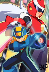 Rule 34 | 2boys, aiming, arm blade, arm cannon, black bodysuit, black hair, blue bodysuit, blue headwear, blurry, blurry background, bodysuit, clenched teeth, closed mouth, commentary, english commentary, green eyes, hand on own arm, helmet, highres, long hair, looking to the side, male focus, mega man (series), mega man battle network, mega man battle network (series), megaman.exe, multiple boys, netnavi, protoman.exe, red headwear, serious, short hair, shoutaro saito, signature, smile, standing, teeth, visor, weapon, white hair