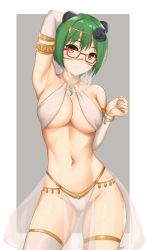 Rule 34 | 1girl, arcie albano, arm behind head, armlet, armpits, bracelet, breasts, circlet, commentary request, dancer, detached sleeves, flower, glasses, green hair, hair flower, hair ornament, harem outfit, highres, jewelry, looking at viewer, matsudaira motoyasu, medium breasts, mixed-language commentary, mouth veil, navel, oda nobuna no yabou, pelvic curtain, revealing clothes, see-through, short hair, solo, thighlet, veil, yellow eyes
