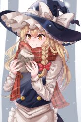 Rule 34 | 1girl, apron, black hat, blonde hair, bow, braid, closed mouth, erisauria, food, hat, hat bow, highres, holding, holding food, kirisame marisa, long hair, long sleeves, red scarf, scarf, side braid, single braid, smile, solo, touhou, upper body, waist apron, white bow, witch hat, yellow eyes