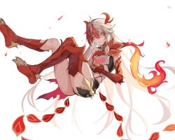Rule 34 | 1girl, animal hands, animal legs, bare shoulders, black shorts, black sports bra, chinese clothes, claws, closed mouth, detached sleeves, elbow gloves, eyeliner, feathers, fire, fu hua, fu hua (garuda), full body, gloves, hair between eyes, honkai (series), honkai impact 3rd, l leeyeon, long hair, low-tied long hair, low twintails, makeup, multicolored hair, red eyeliner, red eyes, red gloves, red hair, red rope, red scales, rope, scales, shorts, simple background, solo, sports bra, sportswear, streaked hair, symbol-shaped pupils, tail, thighs, twintails, two-tone hair, very long hair, white background, white hair, yellow pupils